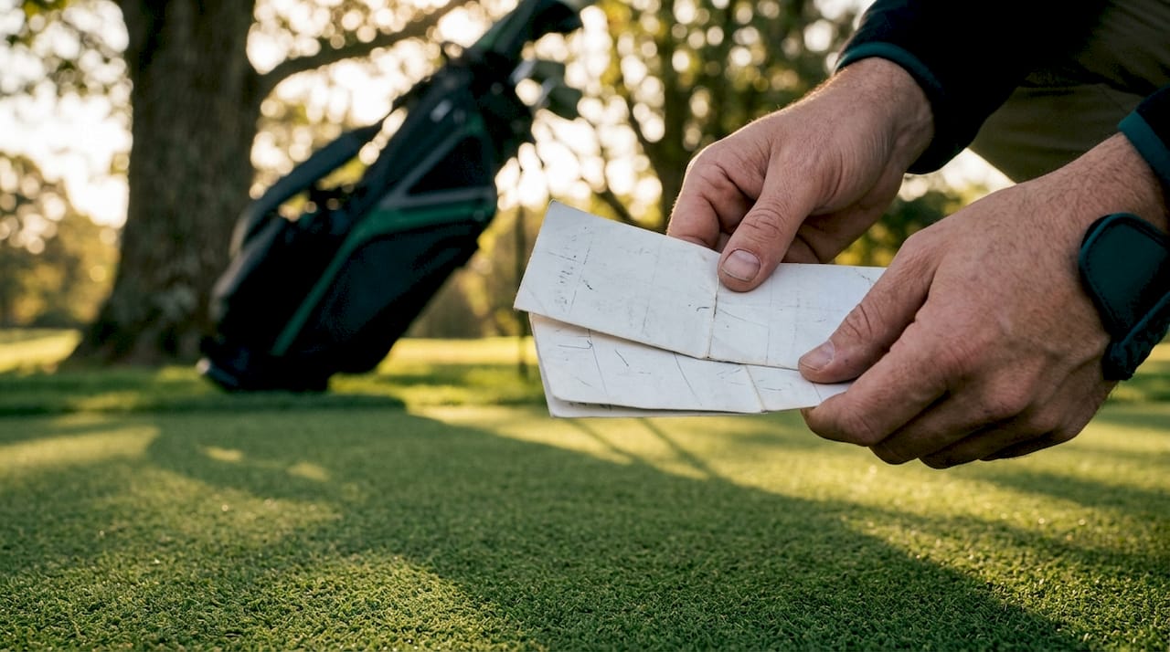 Hands holding two golf session scorecards outdoors