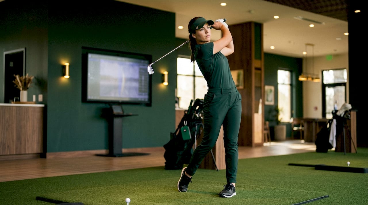 Female golfer practicing with golf simulator indoors