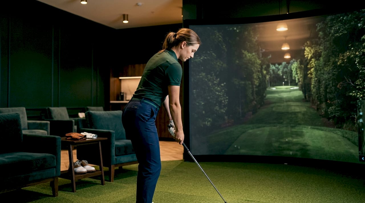 Golfer preparing shot in golf simulator on tight course