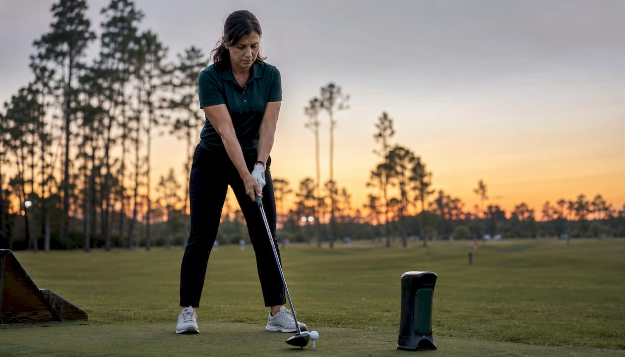 Female golfer preparing swing with launch monitor device