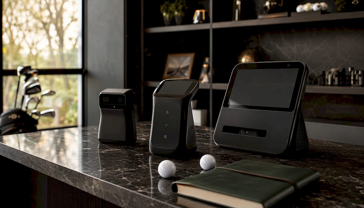Three types of golf launch monitors on workbench