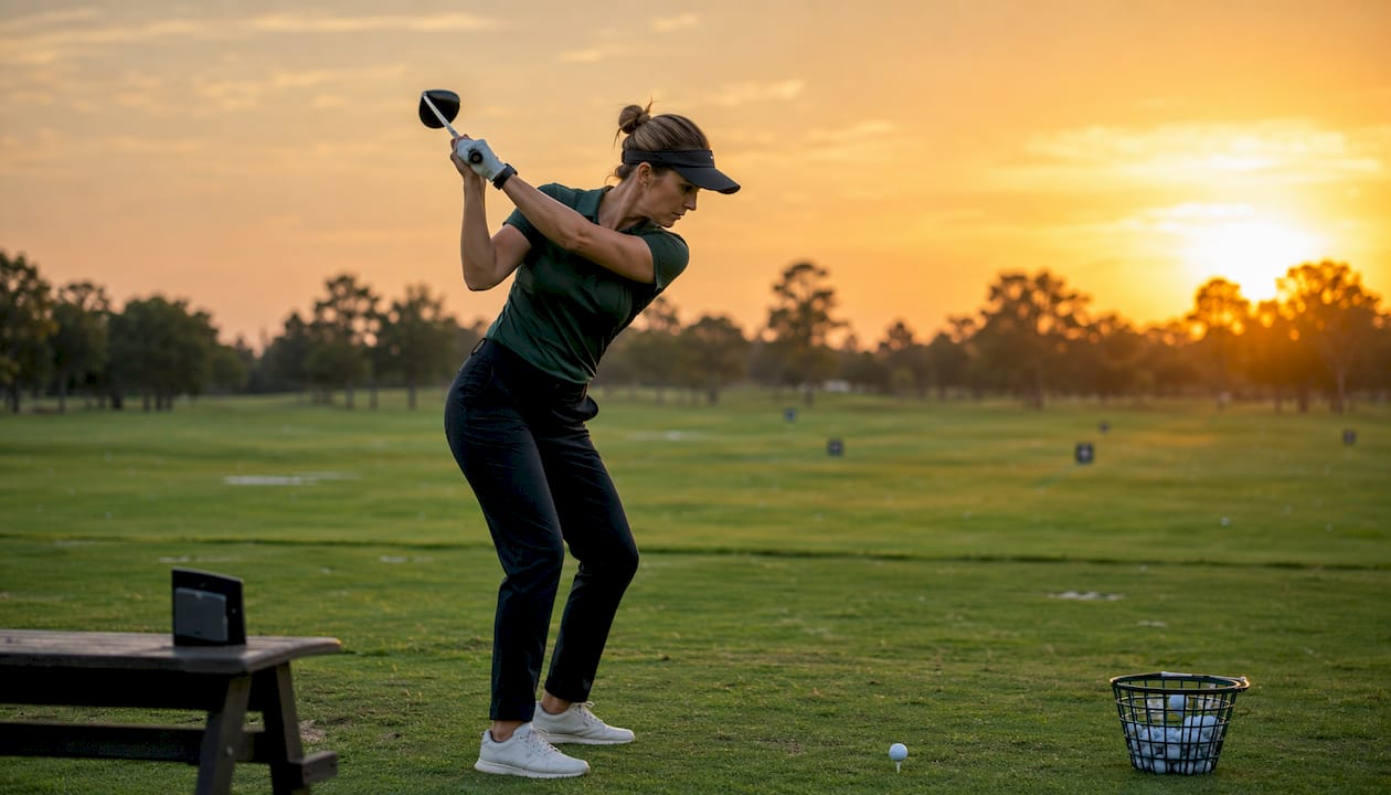 Female golfer practicing swing on driving range