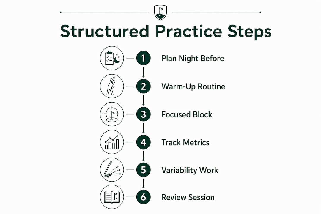 Vertical flowchart infographic showing structured golf practice steps