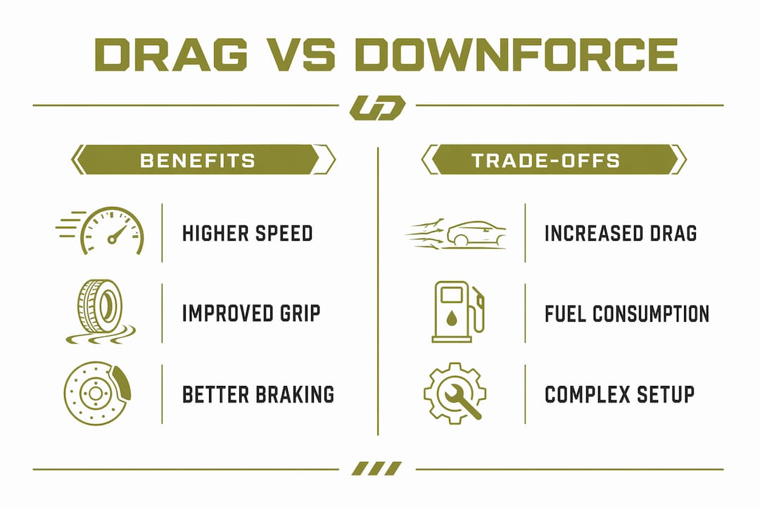 Infographic comparing aero drag and downforce benefits and trade-offs