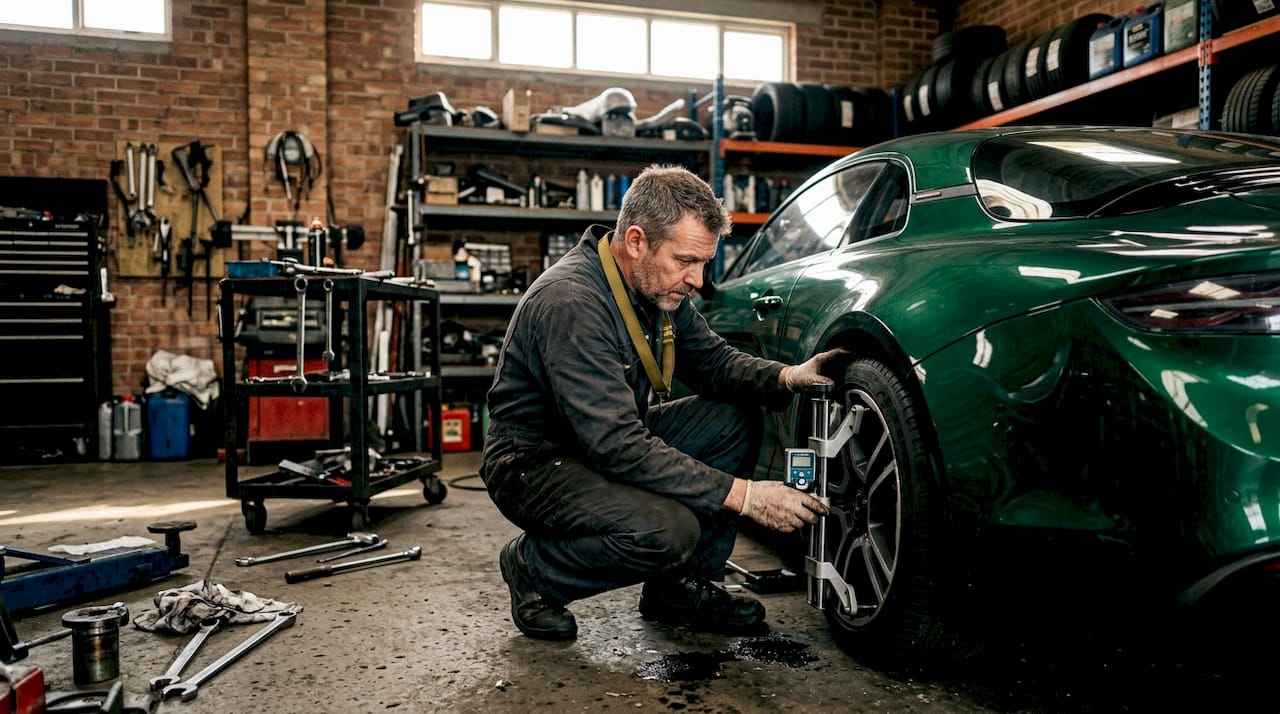 Hands using camber caster digital gauge on suspension