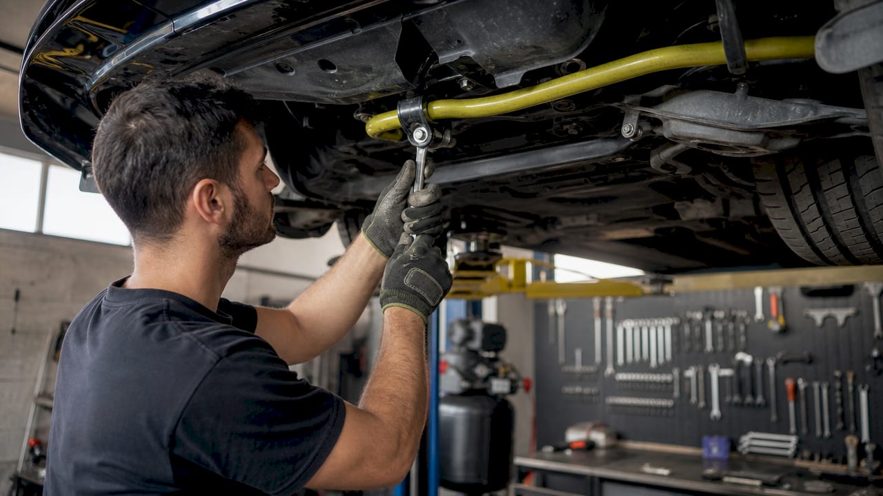 Technician tightening Acura TL sway bar bolts