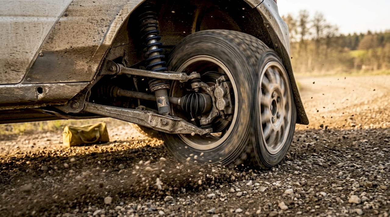 Front suspension compressing under braking on racetrack