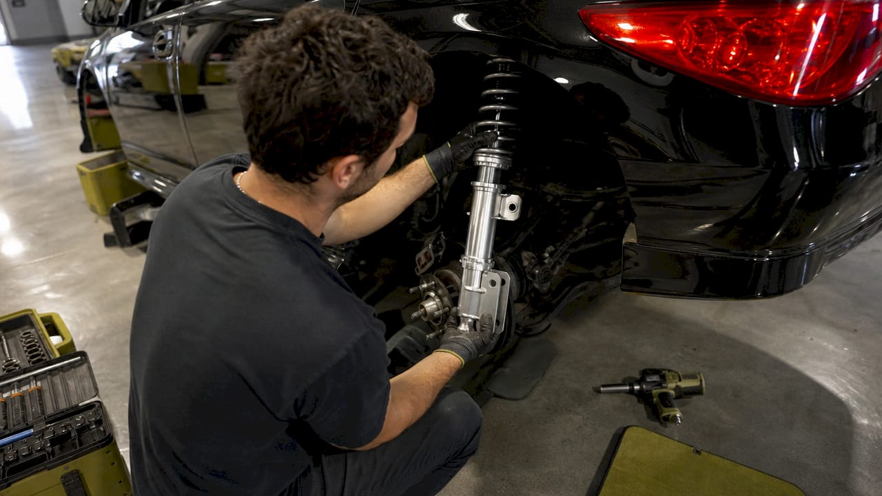 Hands installing coilover on Acura TL suspension