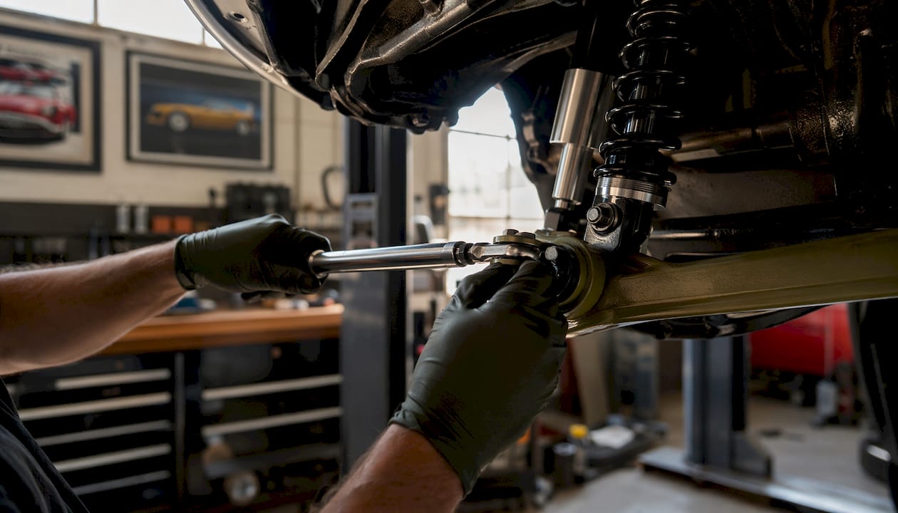 Hands tightening suspension bushings with wrench