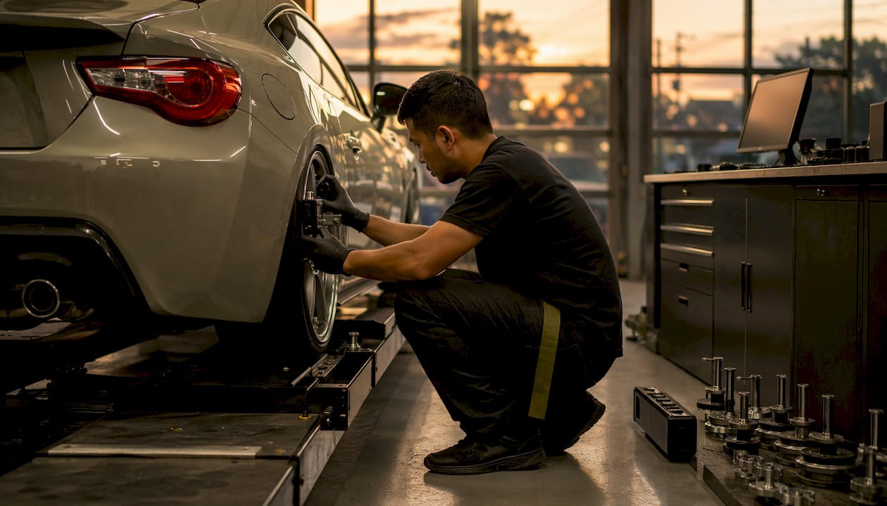 Technician performing FR-S wheel alignment check