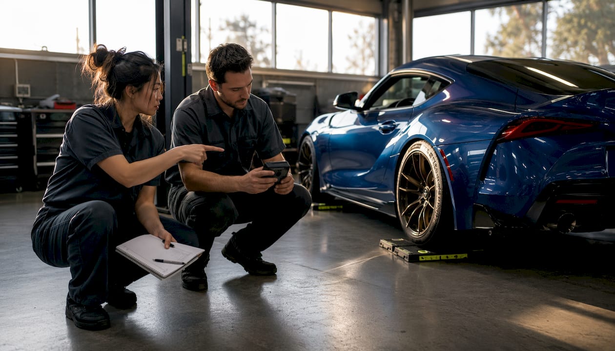 Engineers setting up corner balance on A90 Supra