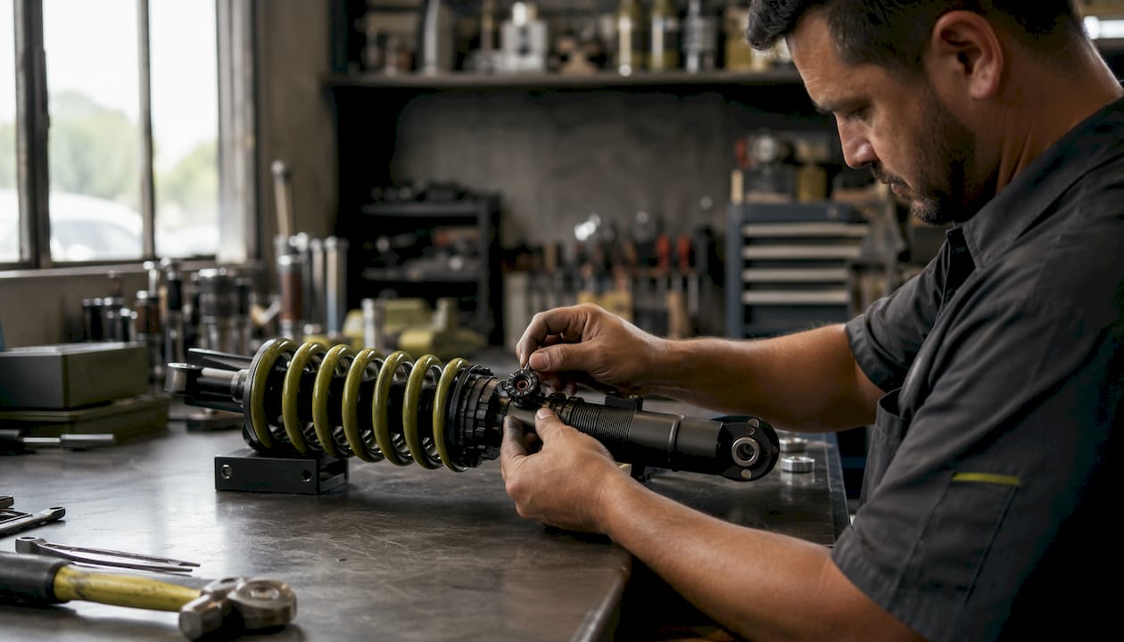 Hands adjusting damper settings on coilover unit