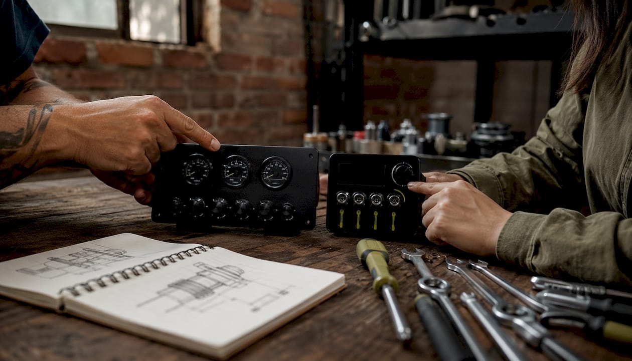 Hands comparing manual and digital BRZ suspension controllers