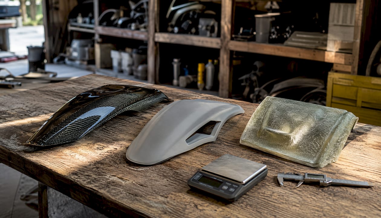 Samples of carbon fiber, urethane, and fiberglass materials