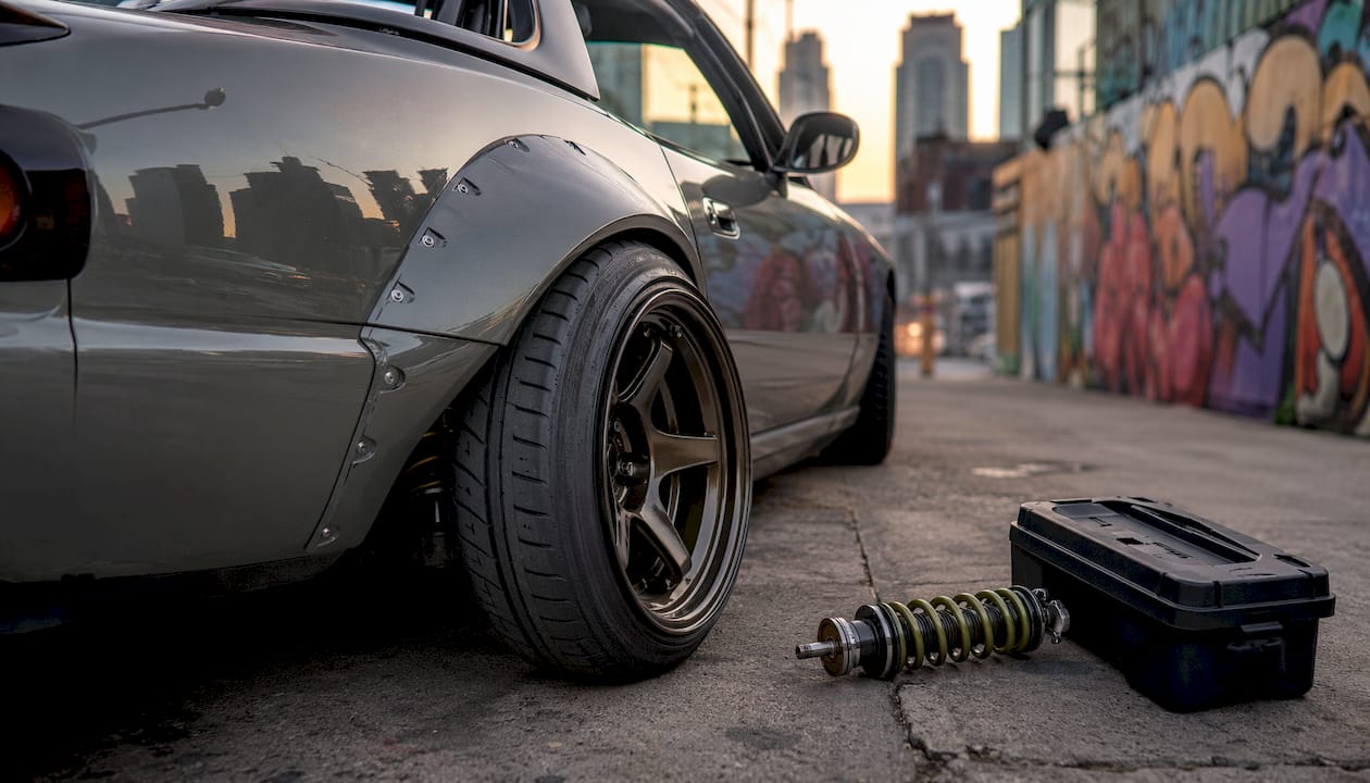Wide-body fender flare with wheel fitment on Mazda Miata