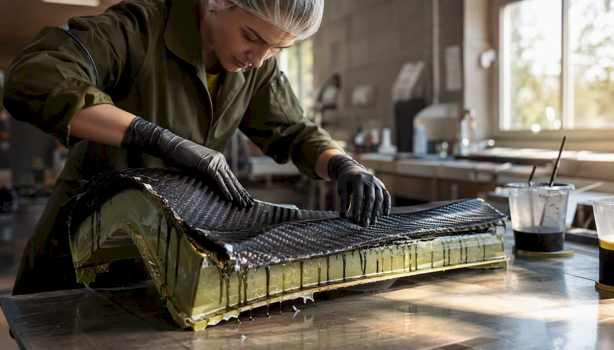 Hands preparing carbon fiber fabric for hood production