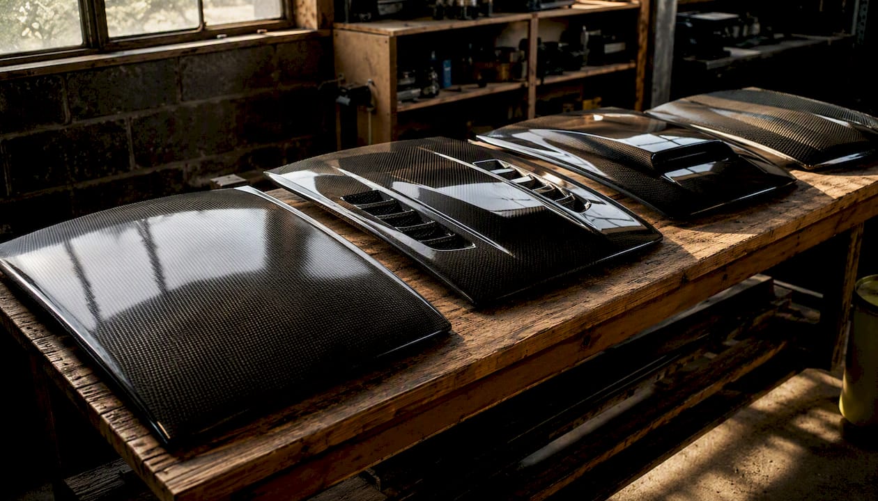 Four Mustang carbon fiber hood styles displayed indoors