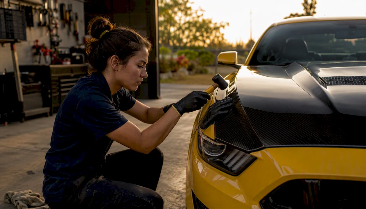 Technician adjusting carbon fiber hood fitment in garage