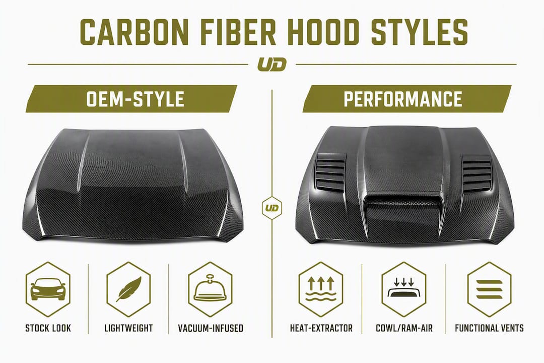 Infographic comparing Mustang carbon fiber hood styles