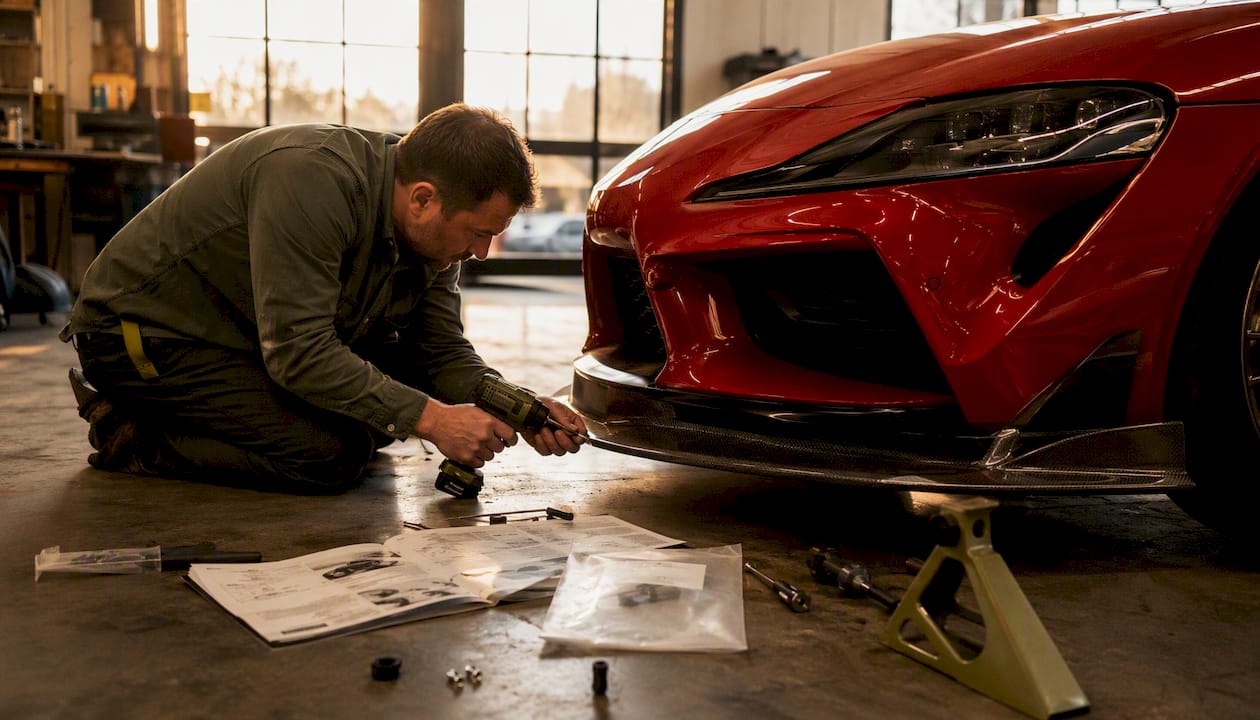 Man installing fiberglass front lip on Supra