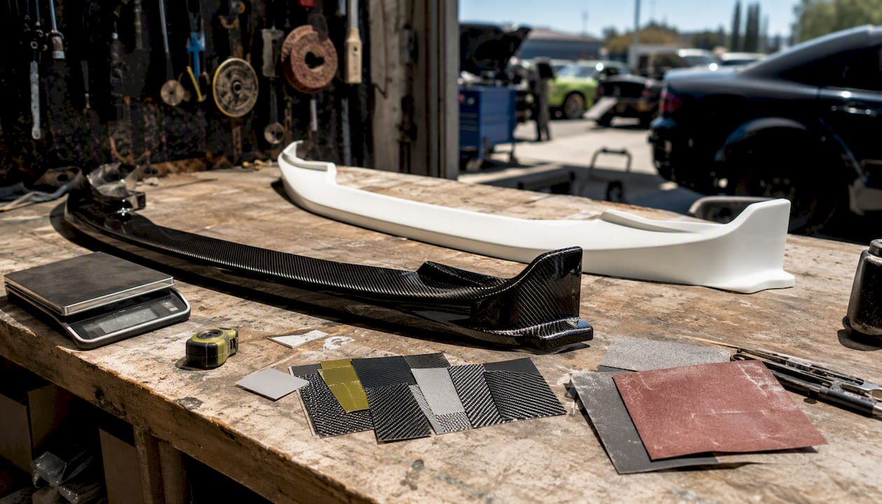 Carbon fiber and fiberglass front lip samples on bench