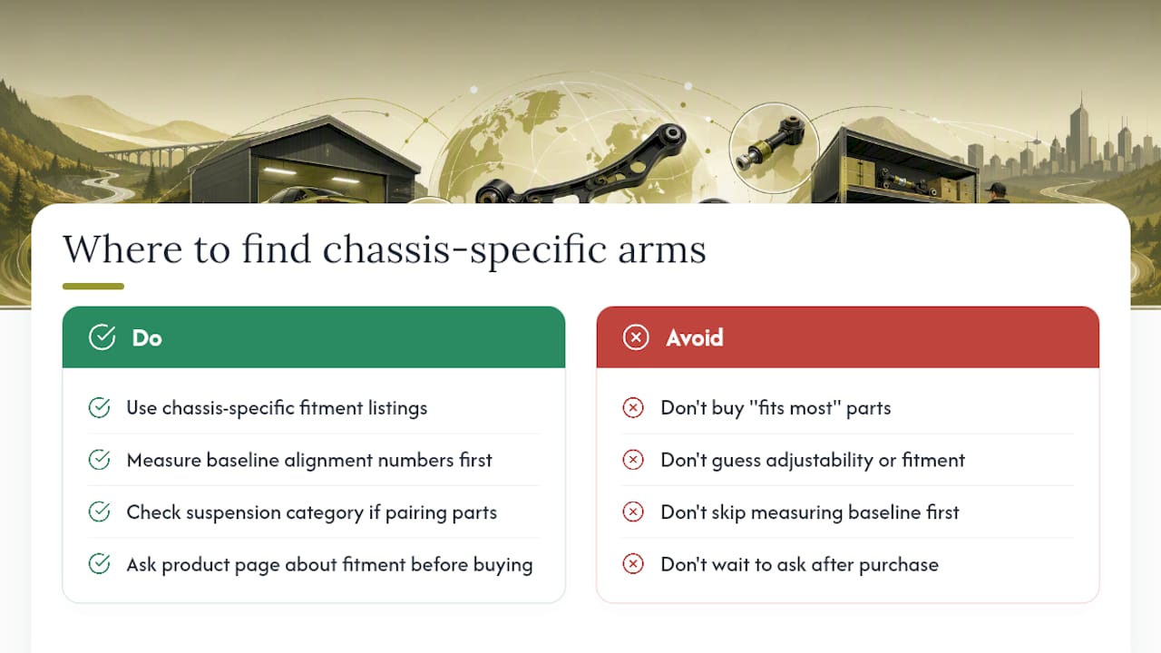 Where to Find Chassis-Specific Adjustable Arms — overview diagram