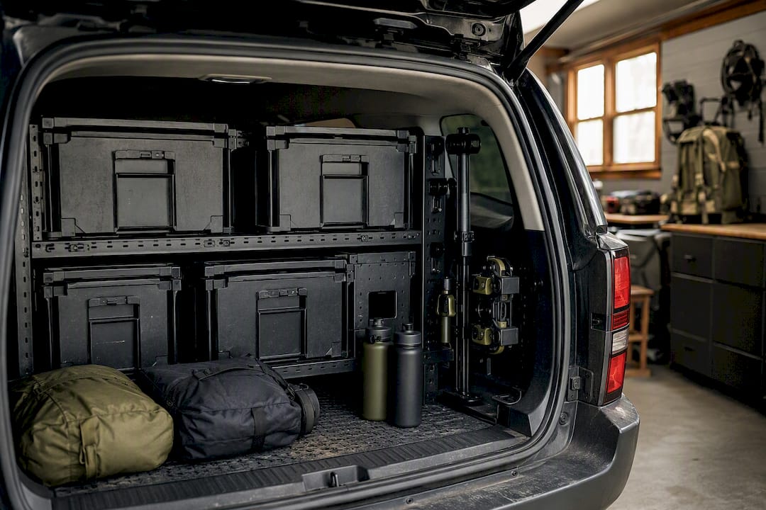 Organized car trunk with storage bins and gear