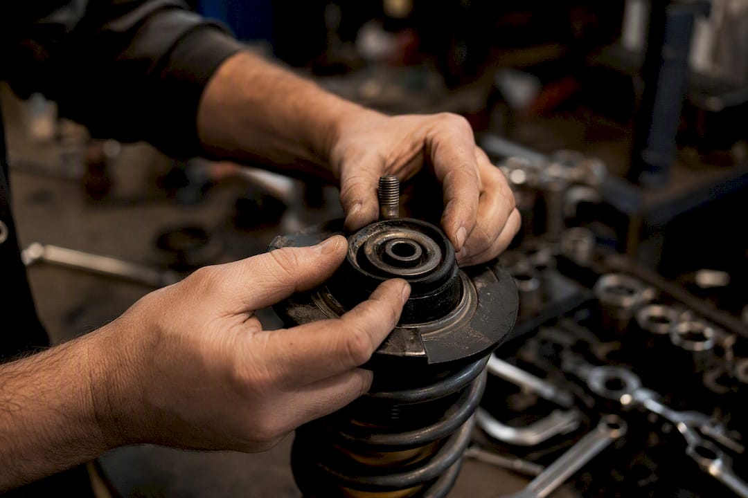 Close-up of shock absorber bushing inspection