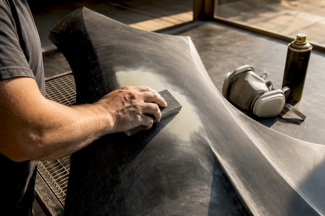 Guide coat revealing fiberglass sanding low spot