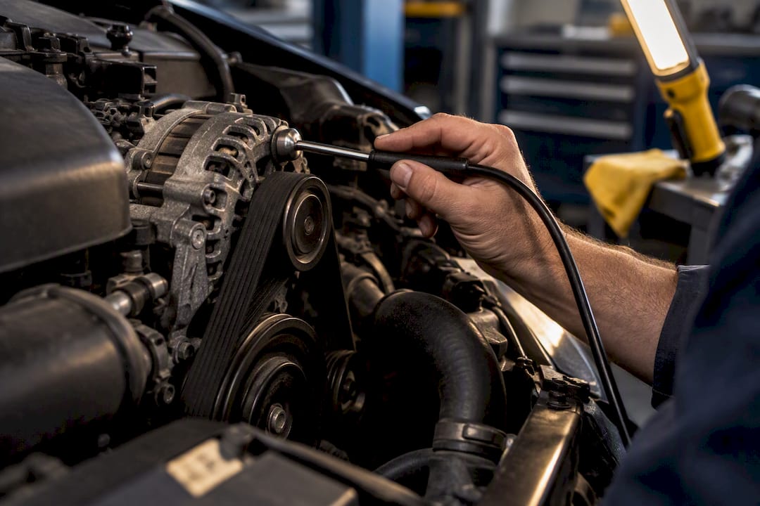 Mechanic listening near alternator belt