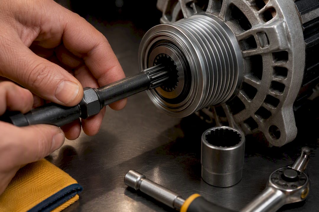 Spline tool seated in alternator pulley