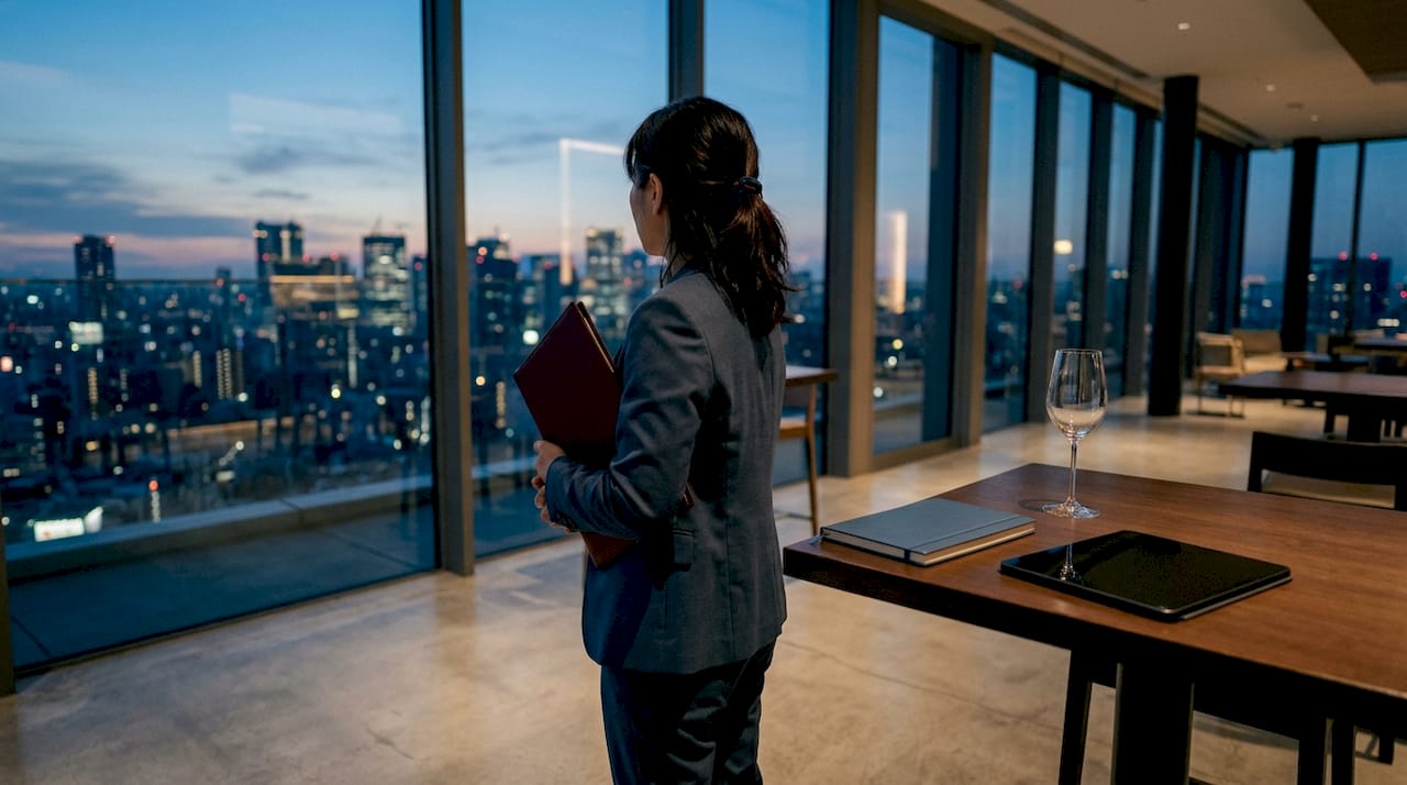 Executive woman reflecting post success by window