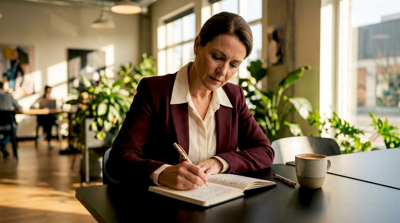 Entrepreneur reviewing startup identity notes