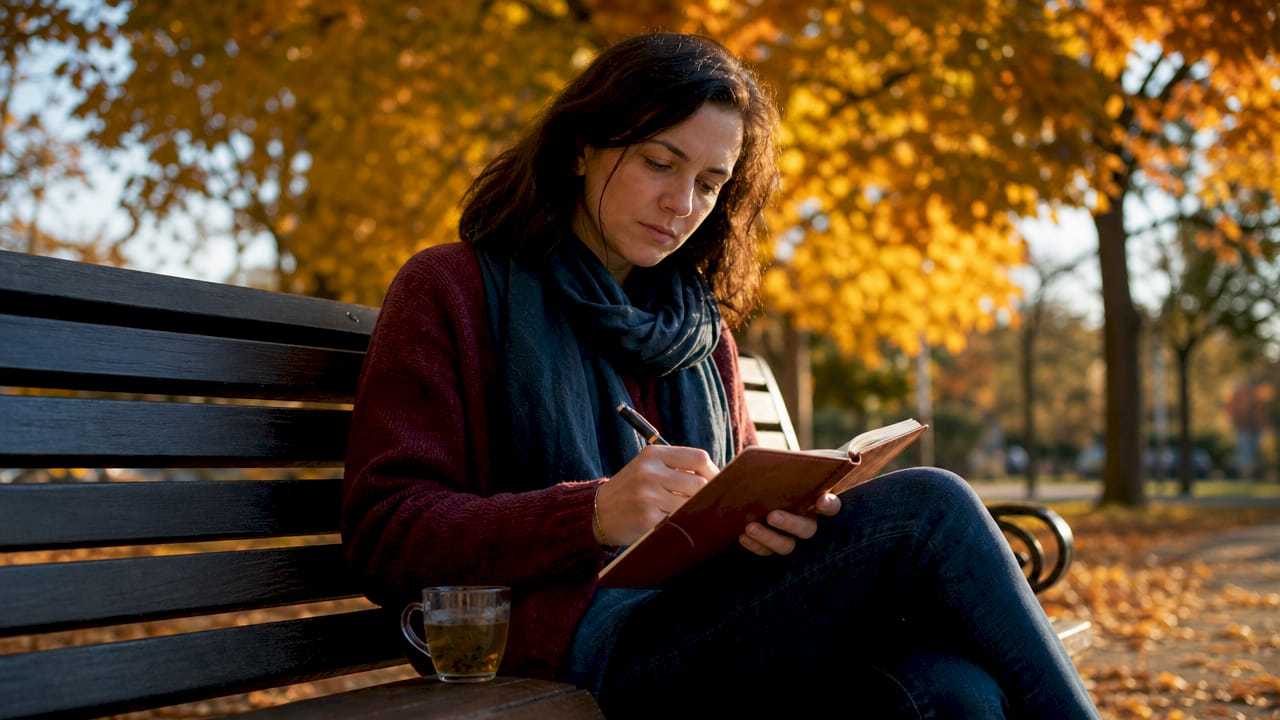 Woman journaling about individual identity in café