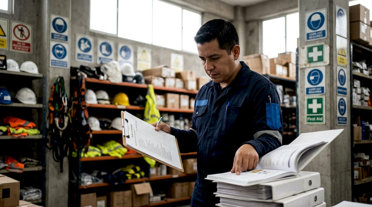Hands taking notes on safety audit checklist
