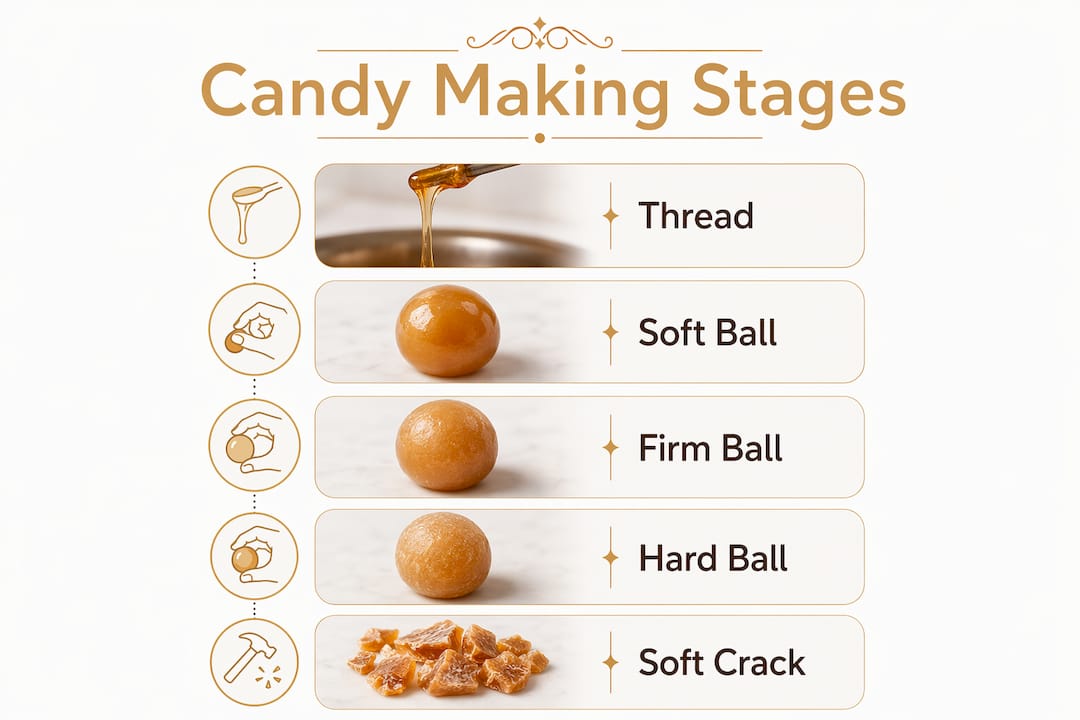 Infographic illustrating candy making temperature stages