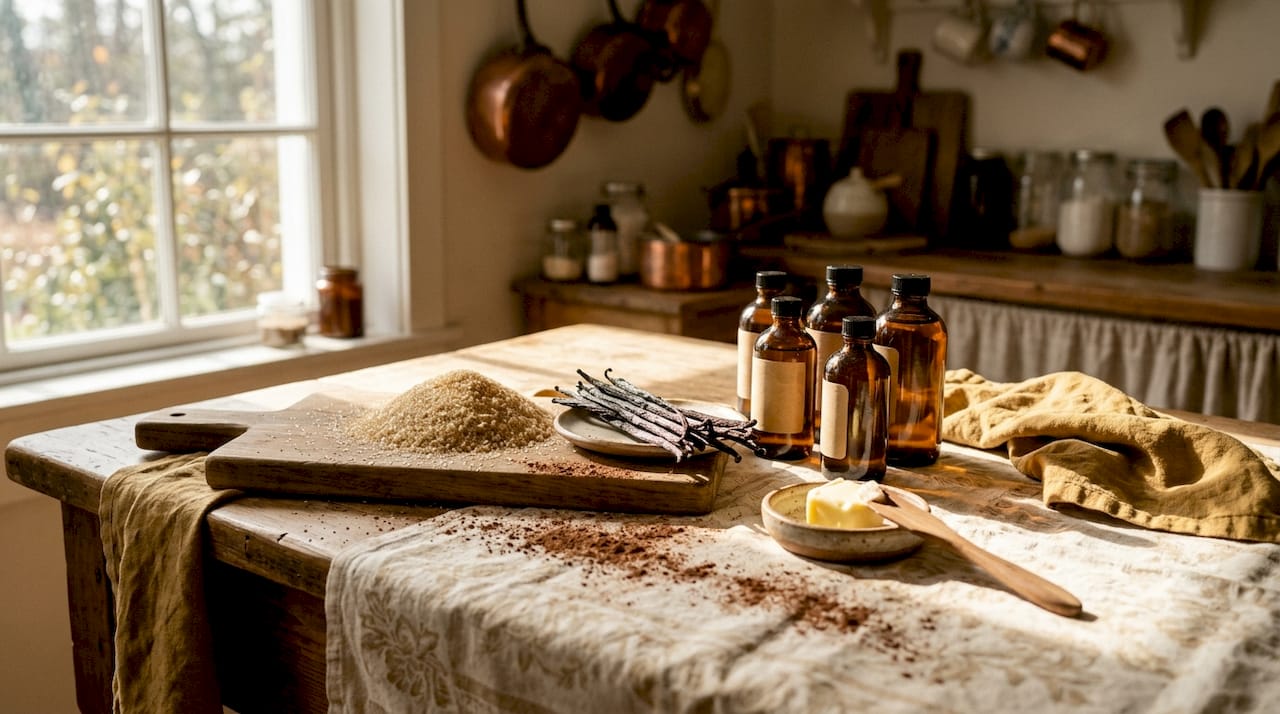 Close-up of candy making ingredients on wooden table