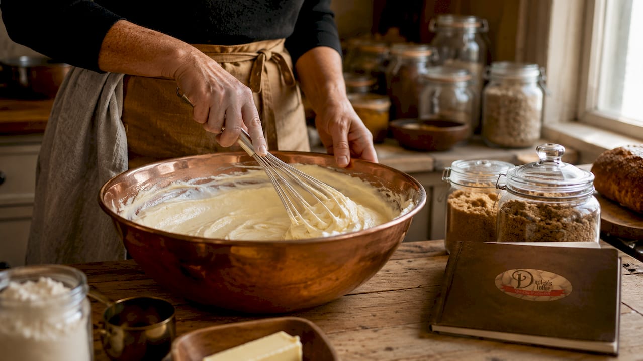 Hands pouring melted butter into candy mixture