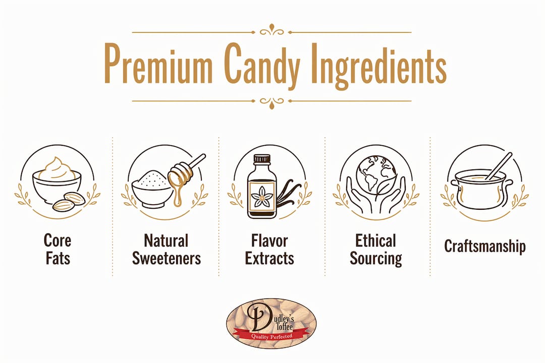 Infographic showing premium candy ingredient hierarchy and quality factors