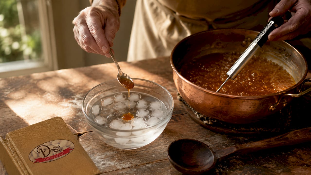 Hands testing toffee texture with cold water