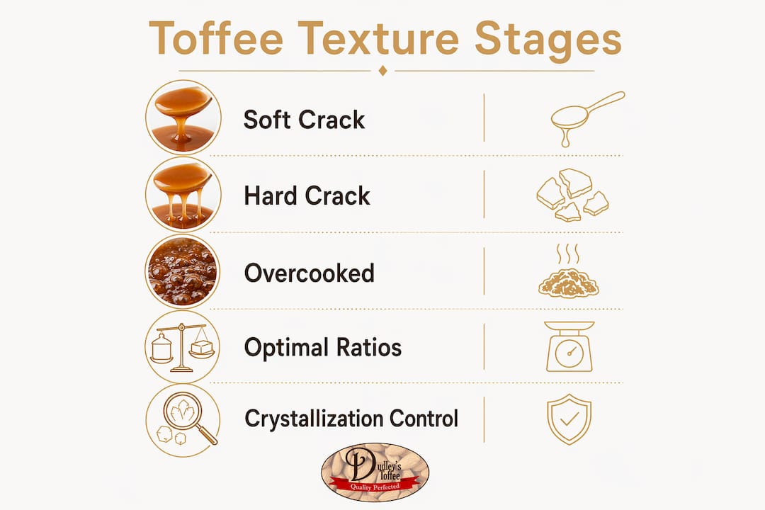 Infographic showing stages and factors of toffee texture