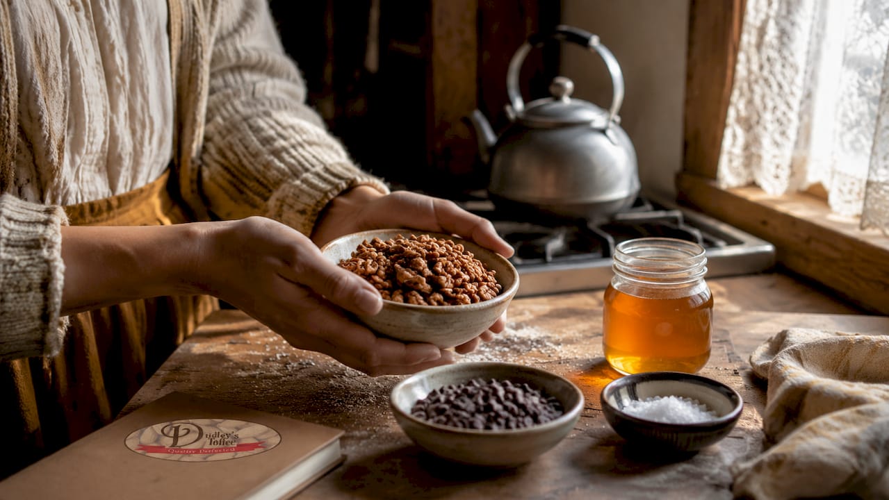 Hands inspecting gourmet candy ingredients on counter