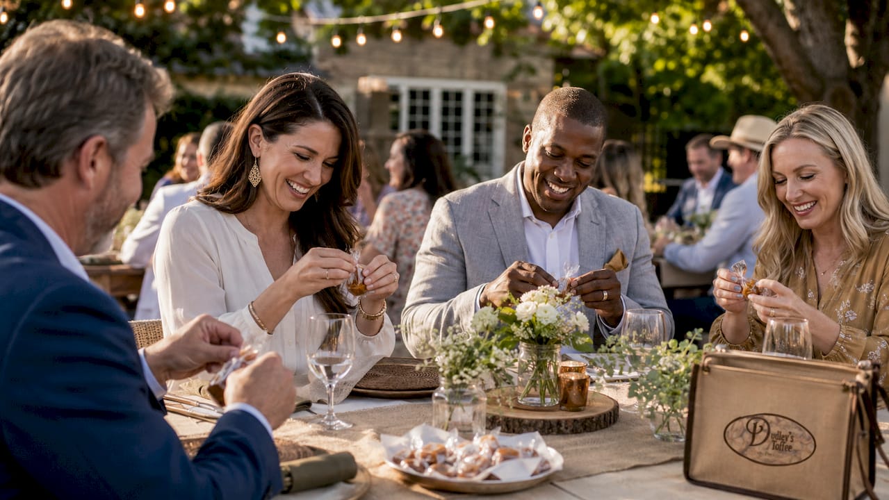 Guests unwrap toffee favors at event table