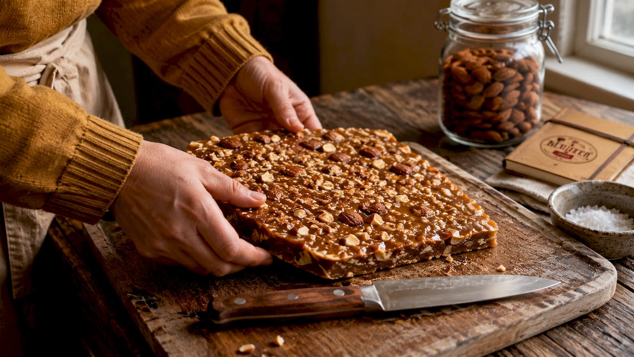 Hands breaking a piece of English toffee on marble