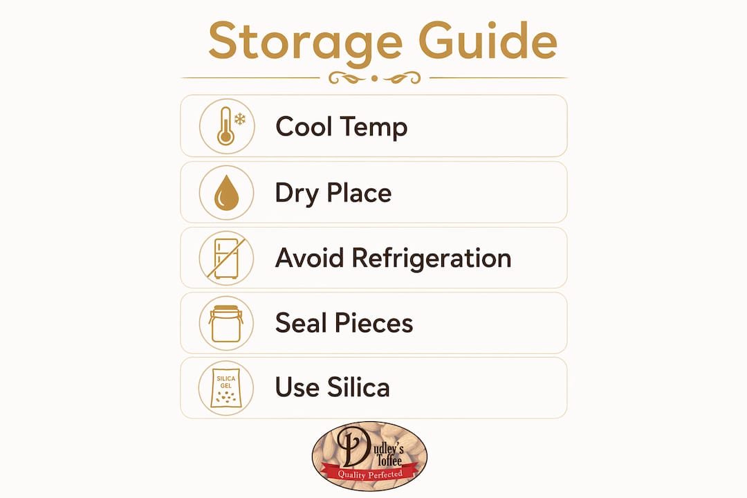 Infographic showing chocolate toffee candy storage tips