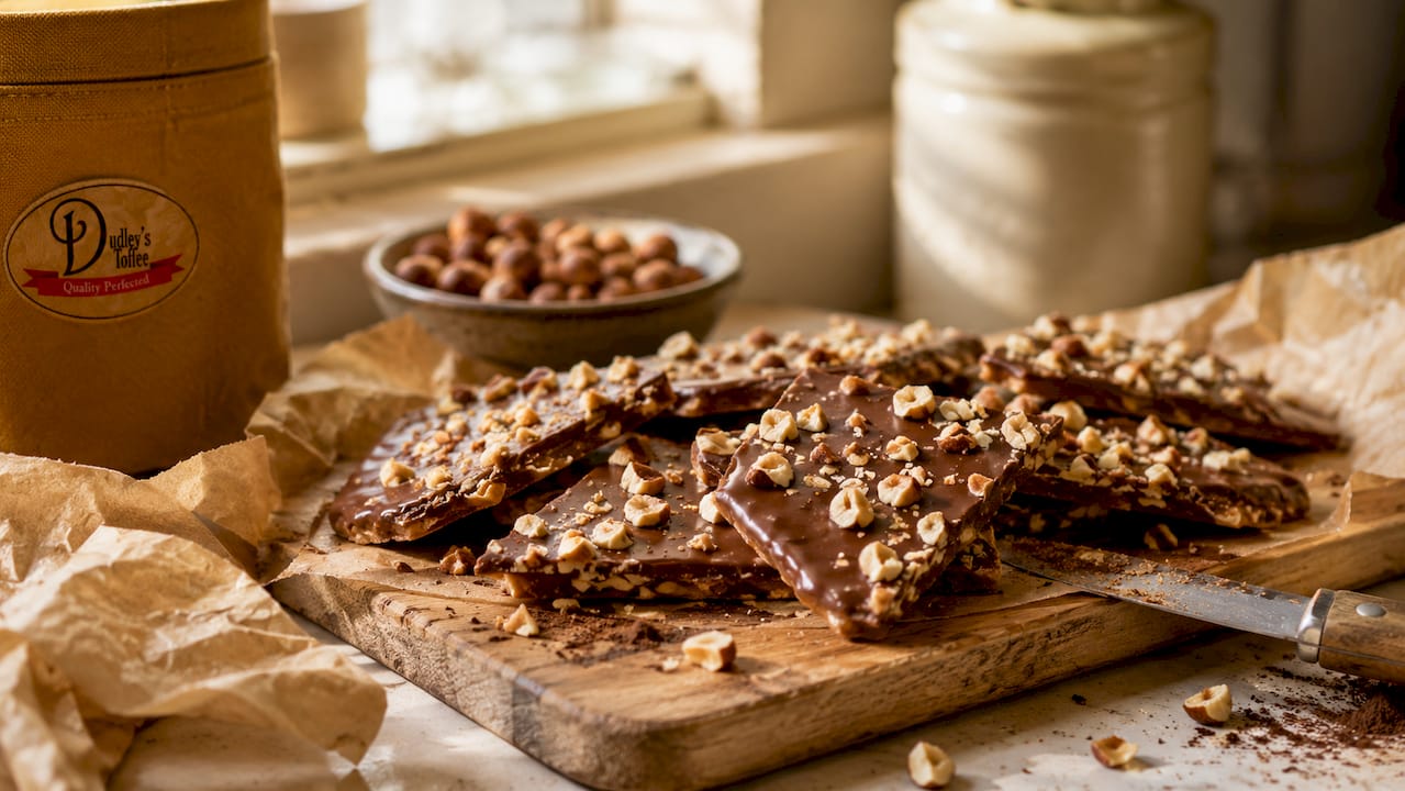 Milk chocolate toffee with nuts on marble