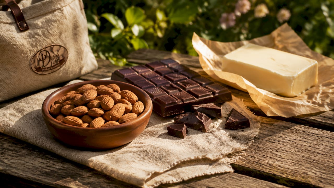 Premium toffee ingredients on marble and wood surface