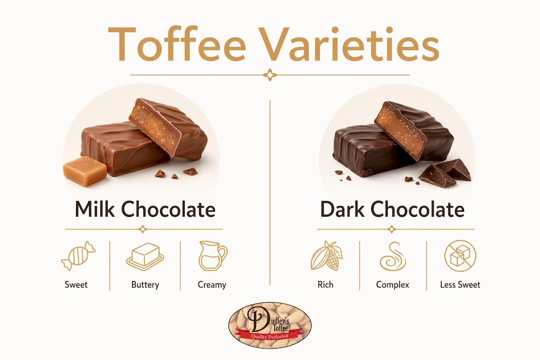 Infographic comparing milk and dark chocolate toffee varieties
