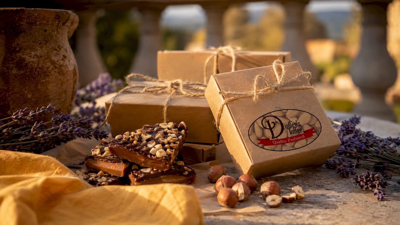 Artisan gluten free toffee elegantly packaged on marble