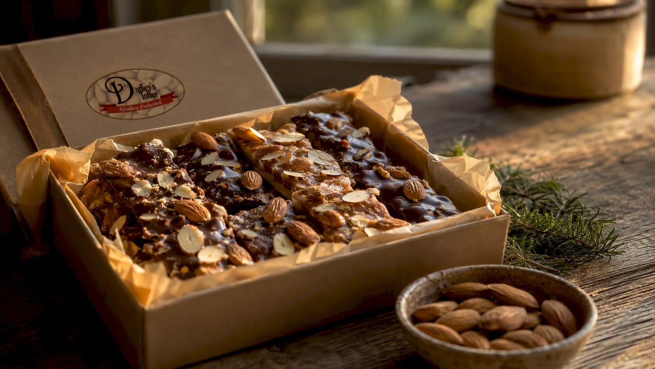 Gift box of assorted almond toffee candy bars on marble